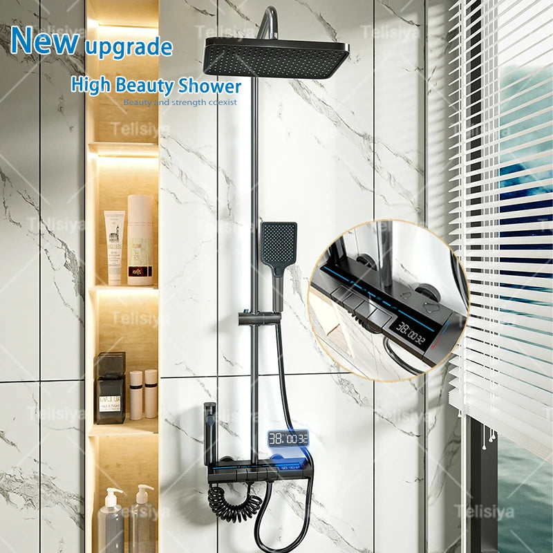 Elevate Your Shower Experience with the Piano Button Ambient Light Digital Display Rain Shower System