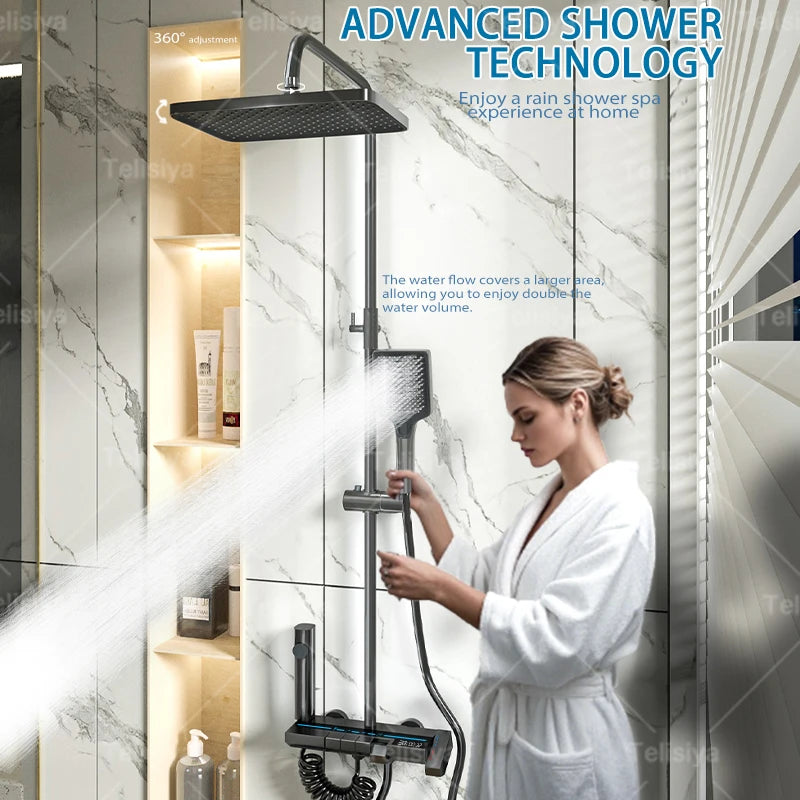Elevate Your Shower Experience with the Piano Button Ambient Light Digital Display Rain Shower System