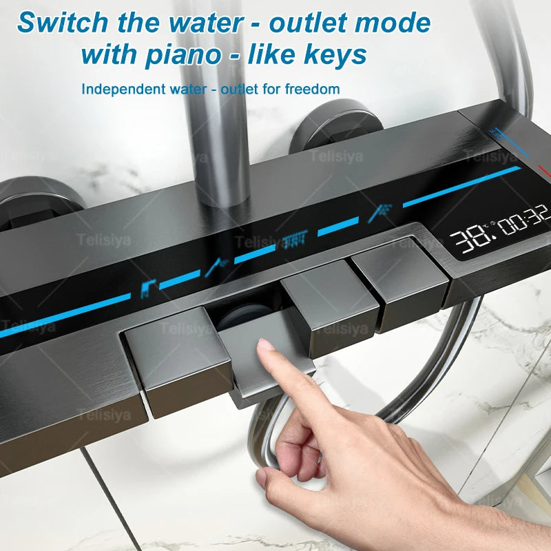 Elevate Your Shower Experience with the Piano Button Ambient Light Digital Display Rain Shower System